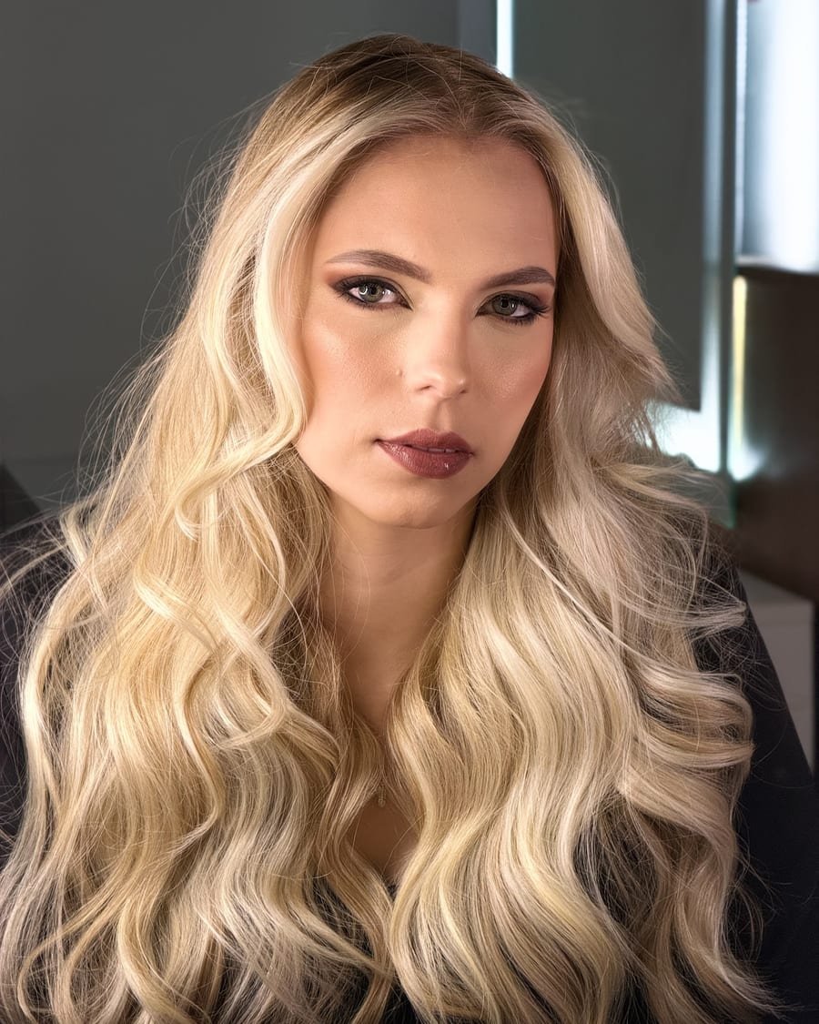Loiro platinado com ondas longas, feito no Moma Hair